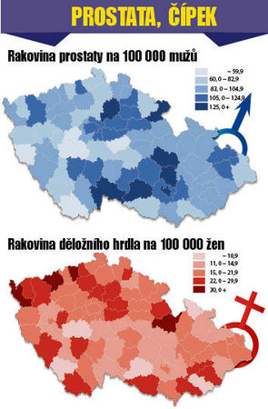 mapa rakoviny prostaty a děložního čípku v Česku